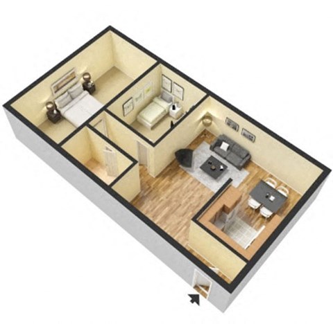 Floor plan for 2 beds, 1 bath, 880 sqft